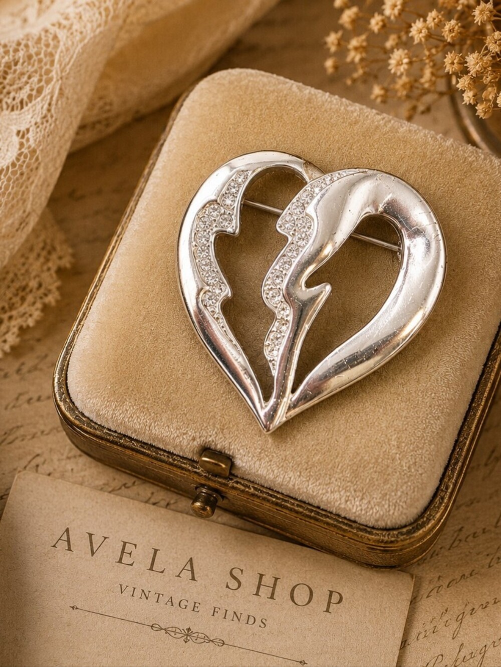 Vintage Silver Tone Open Heart Rhinestone Brooch | Romantic Statement Pin